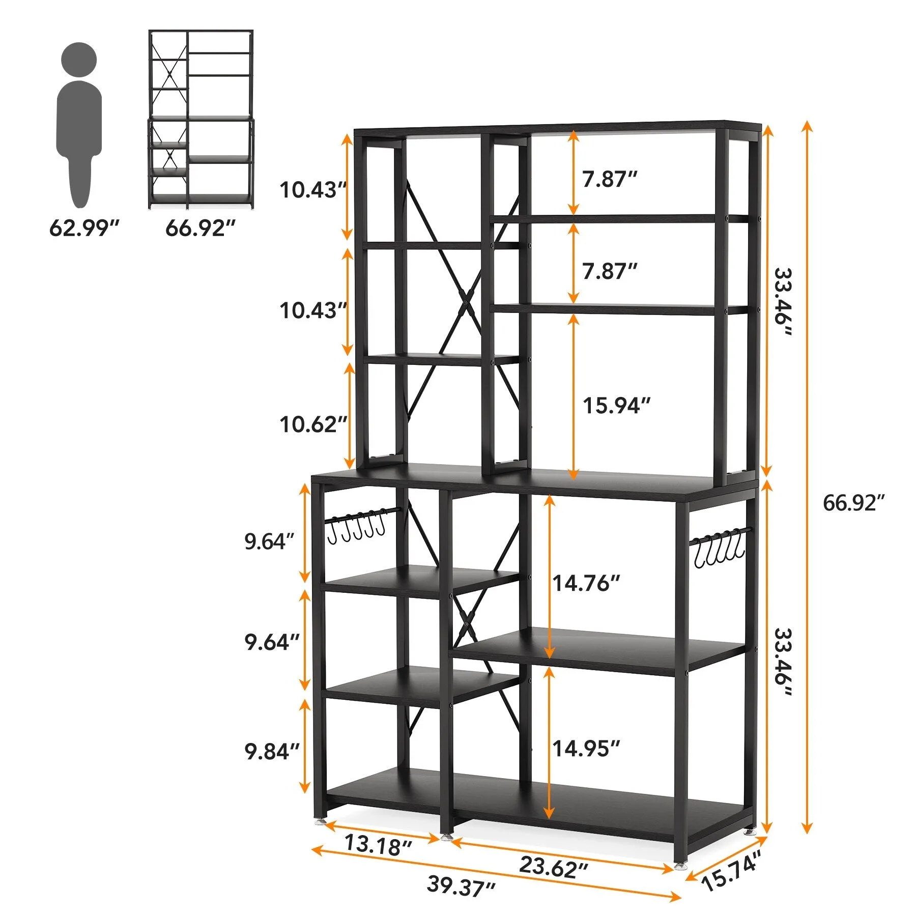 10 Tier Kitchen Bakers Rack with Hutch, Microwave Stand Kitchen Utility Shelves Rack with 10 Hooks