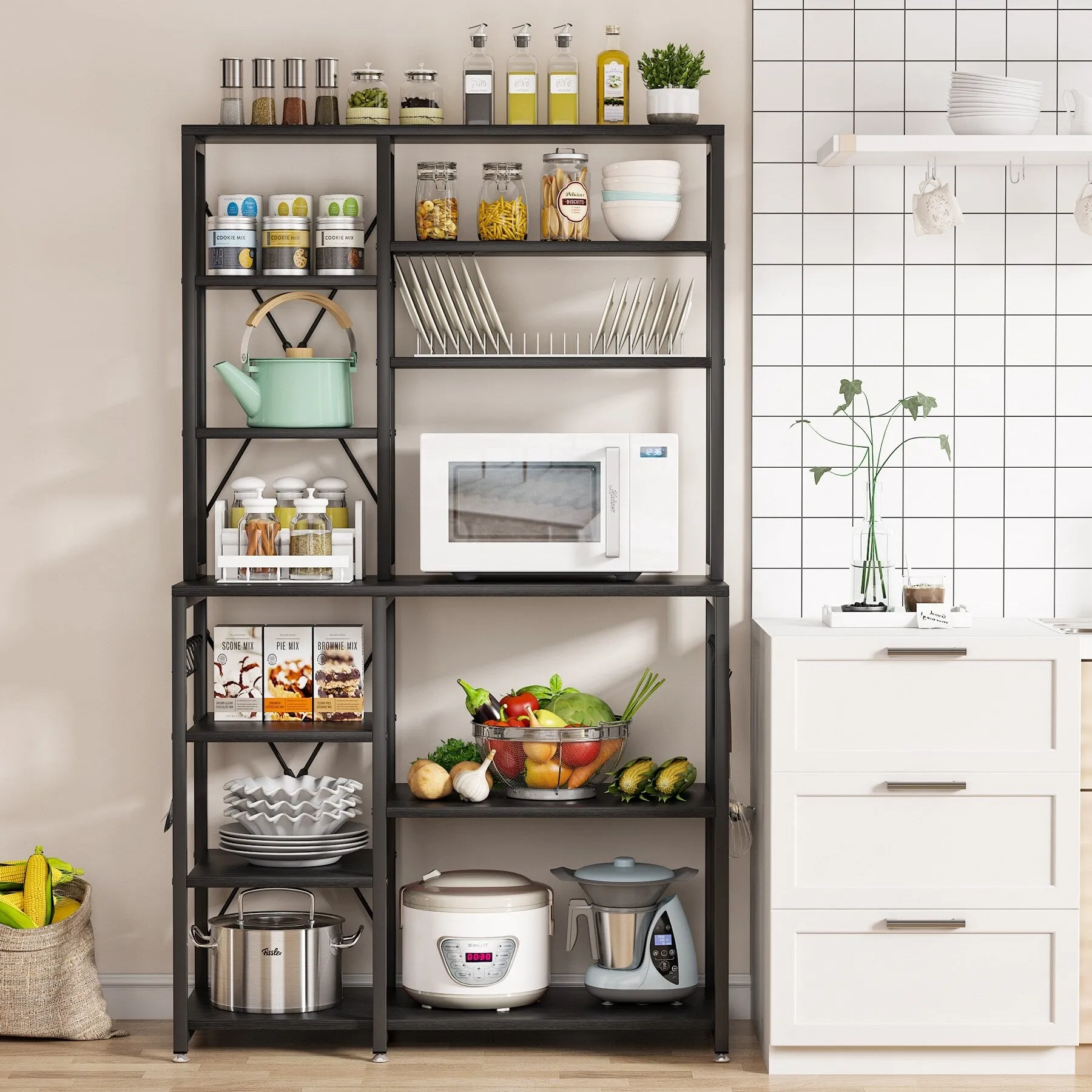 10 Tier Kitchen Bakers Rack with Hutch, Microwave Stand Kitchen Utility Shelves Rack with 10 Hooks
