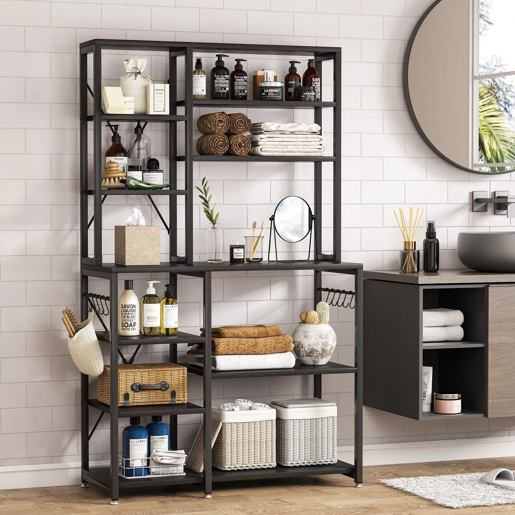 10 Tier Kitchen Bakers Rack with Hutch, Microwave Stand Kitchen Utility Shelves Rack with 10 Hooks