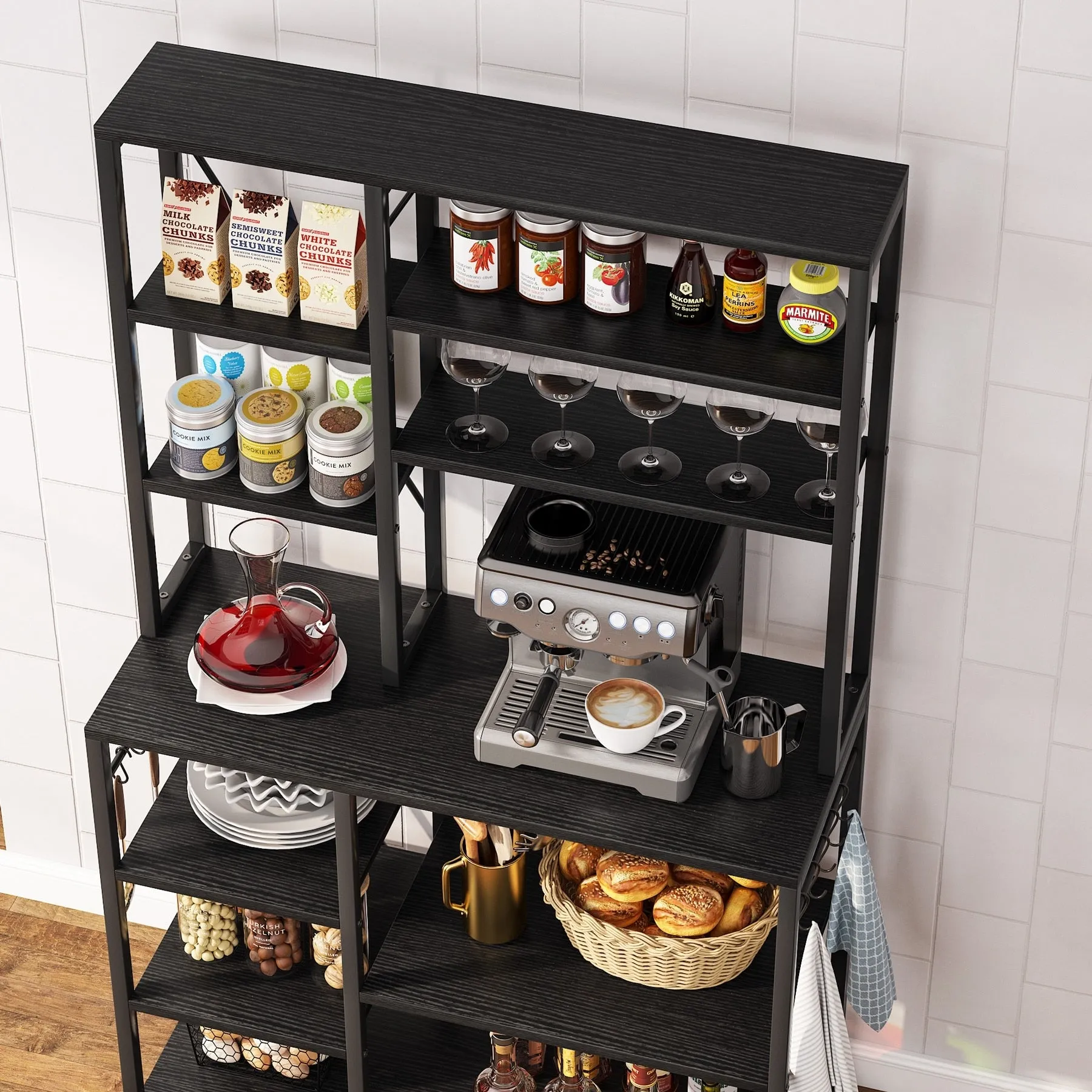 10 Tier Kitchen Bakers Rack with Hutch, Microwave Stand Kitchen Utility Shelves Rack with 10 Hooks