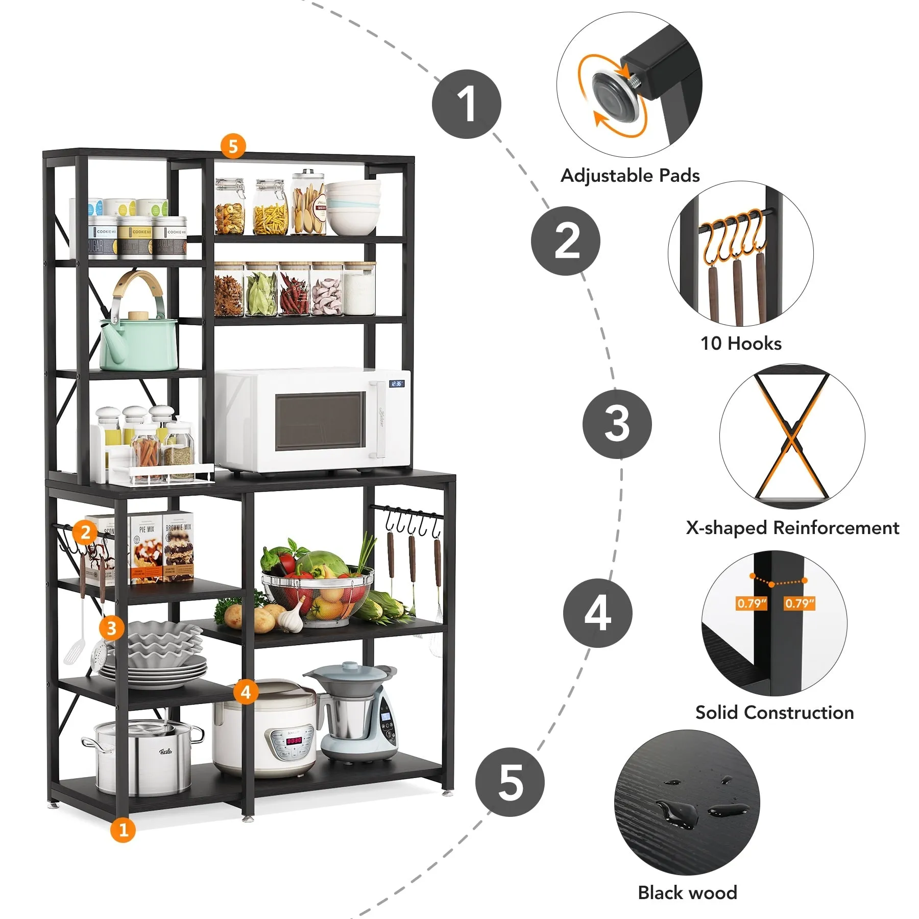10 Tier Kitchen Bakers Rack with Hutch, Microwave Stand Kitchen Utility Shelves Rack with 10 Hooks