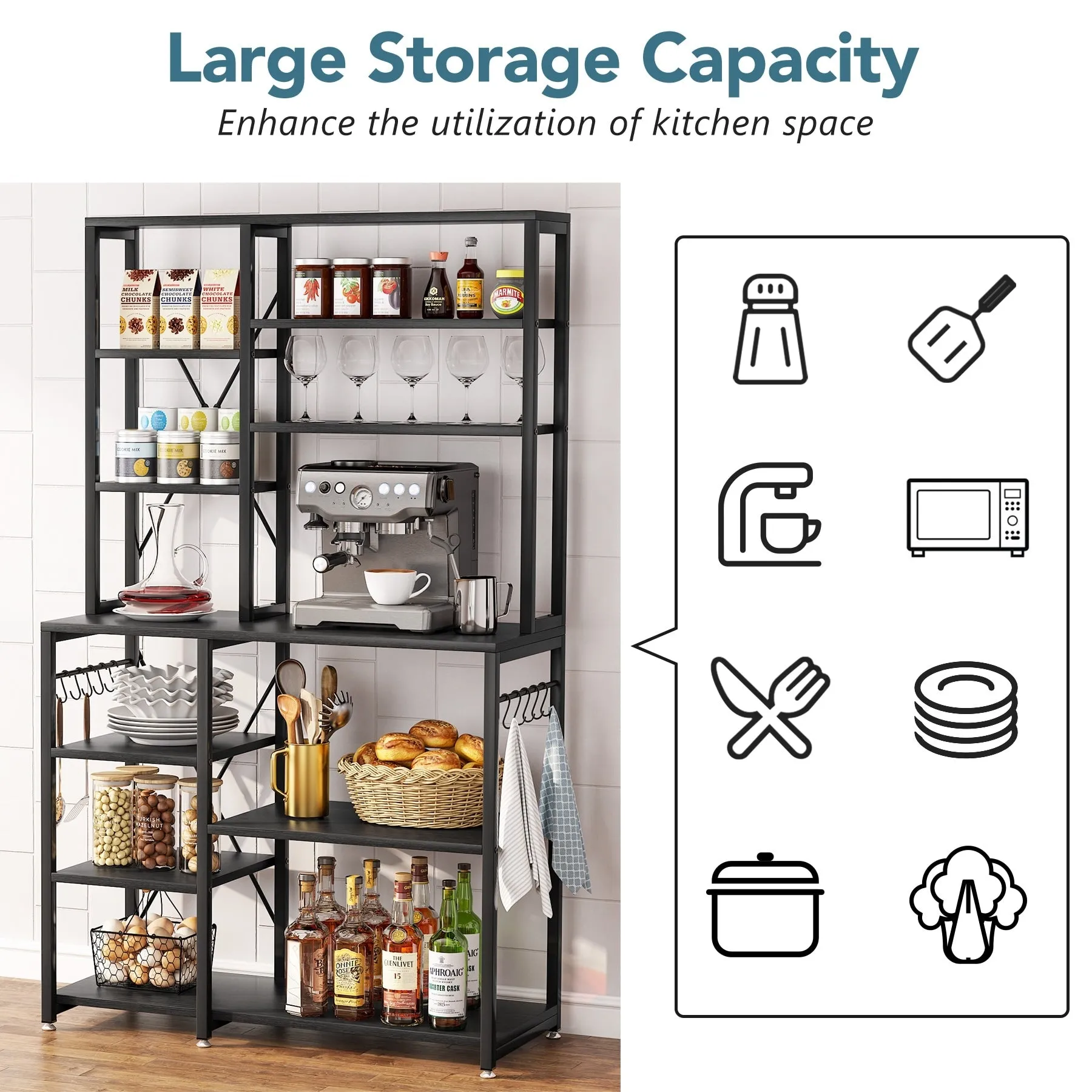 10 Tier Kitchen Bakers Rack with Hutch, Microwave Stand Kitchen Utility Shelves Rack with 10 Hooks