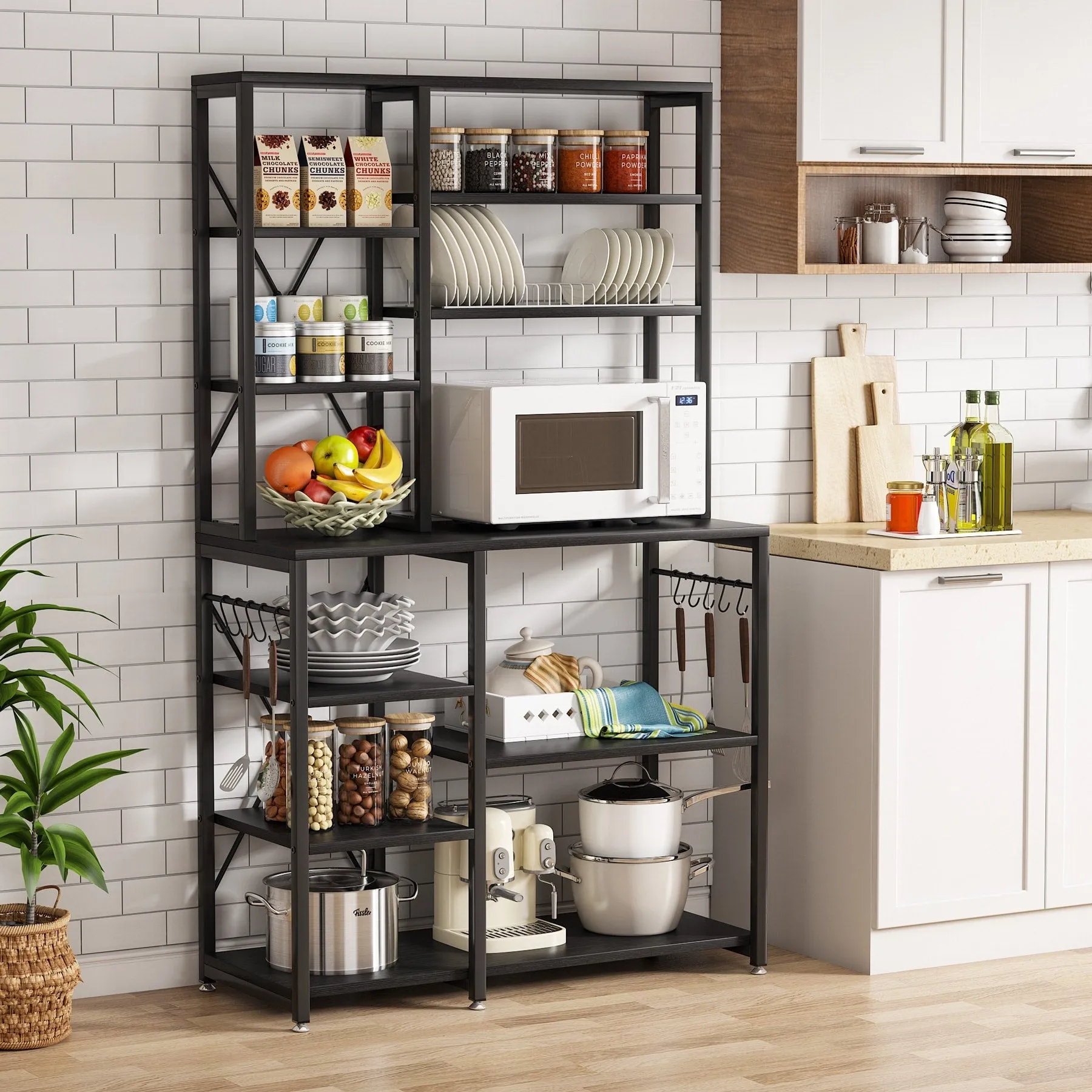 10 Tier Kitchen Bakers Rack with Hutch, Microwave Stand Kitchen Utility Shelves Rack with 10 Hooks