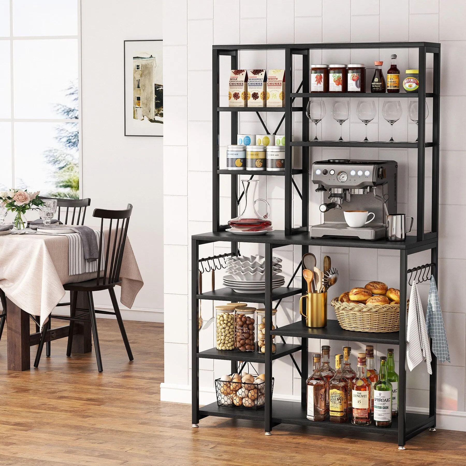 10 Tier Kitchen Bakers Rack with Hutch, Microwave Stand Kitchen Utility Shelves Rack with 10 Hooks
