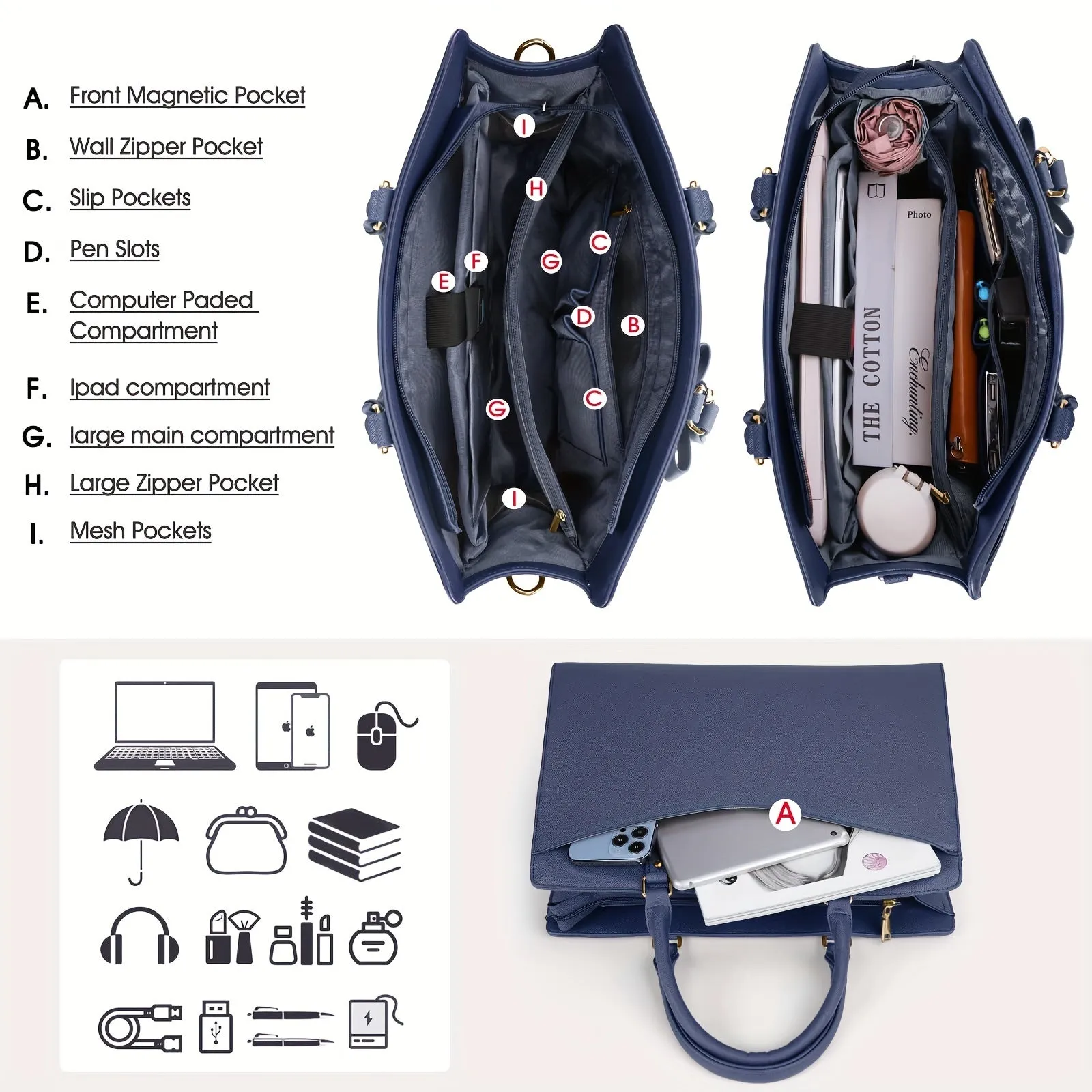 15.6 Inch Waterproof Laptop Tote Bag PU Leather Briefcase