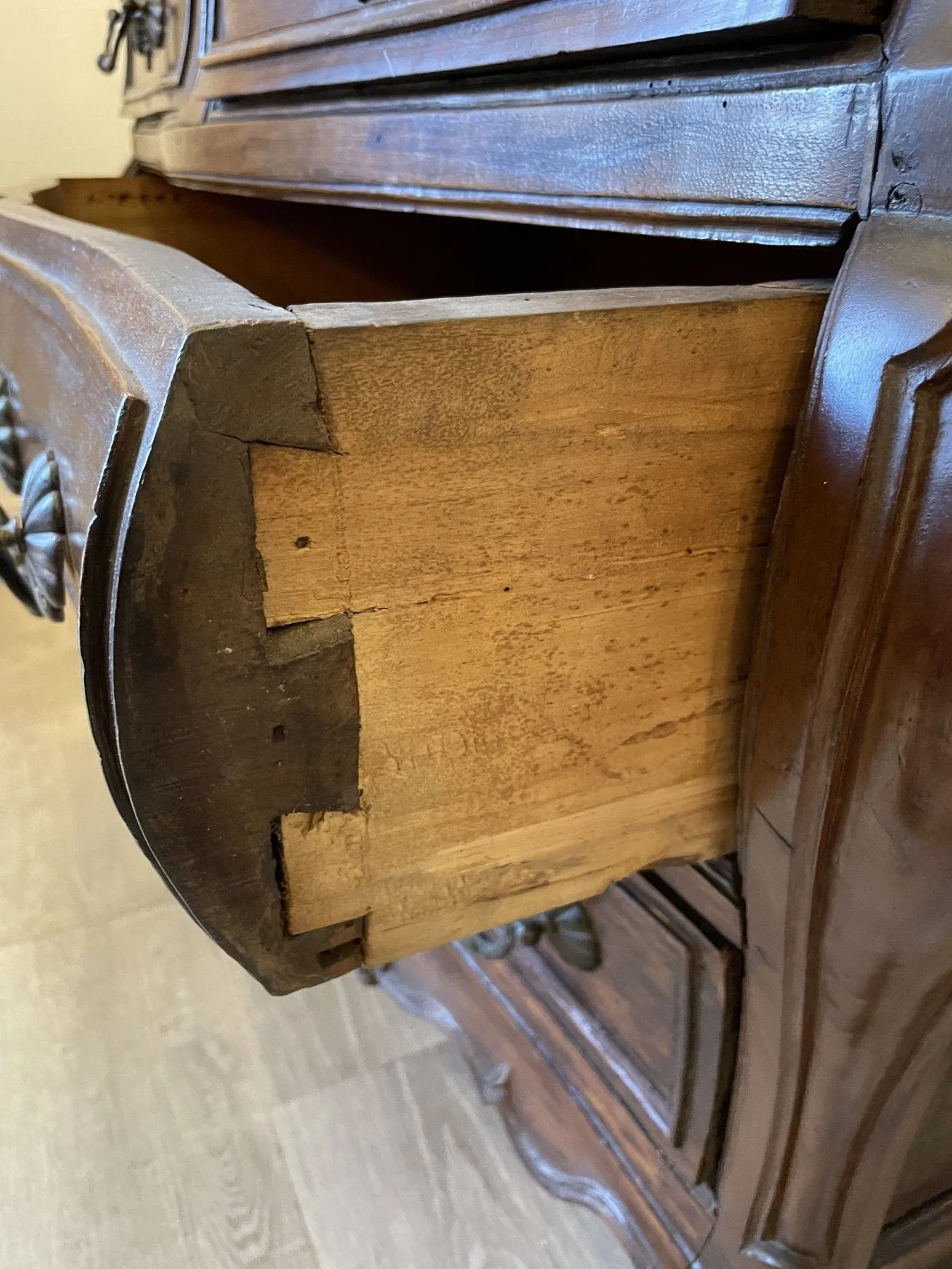 18TH CENTURY LOUIS XV BORDELAISE WALNUT BOMBE COMMODE