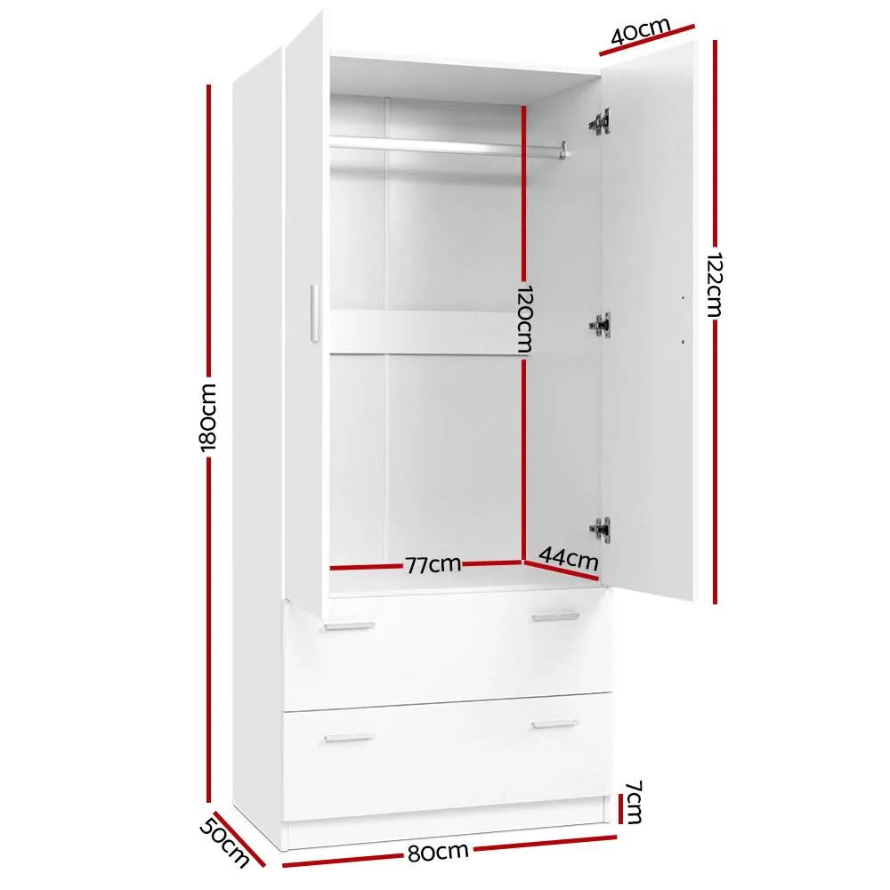 2 Doors Wardrobe Bedroom Closet Storage Cabinet Organiser Armoire 180cm White