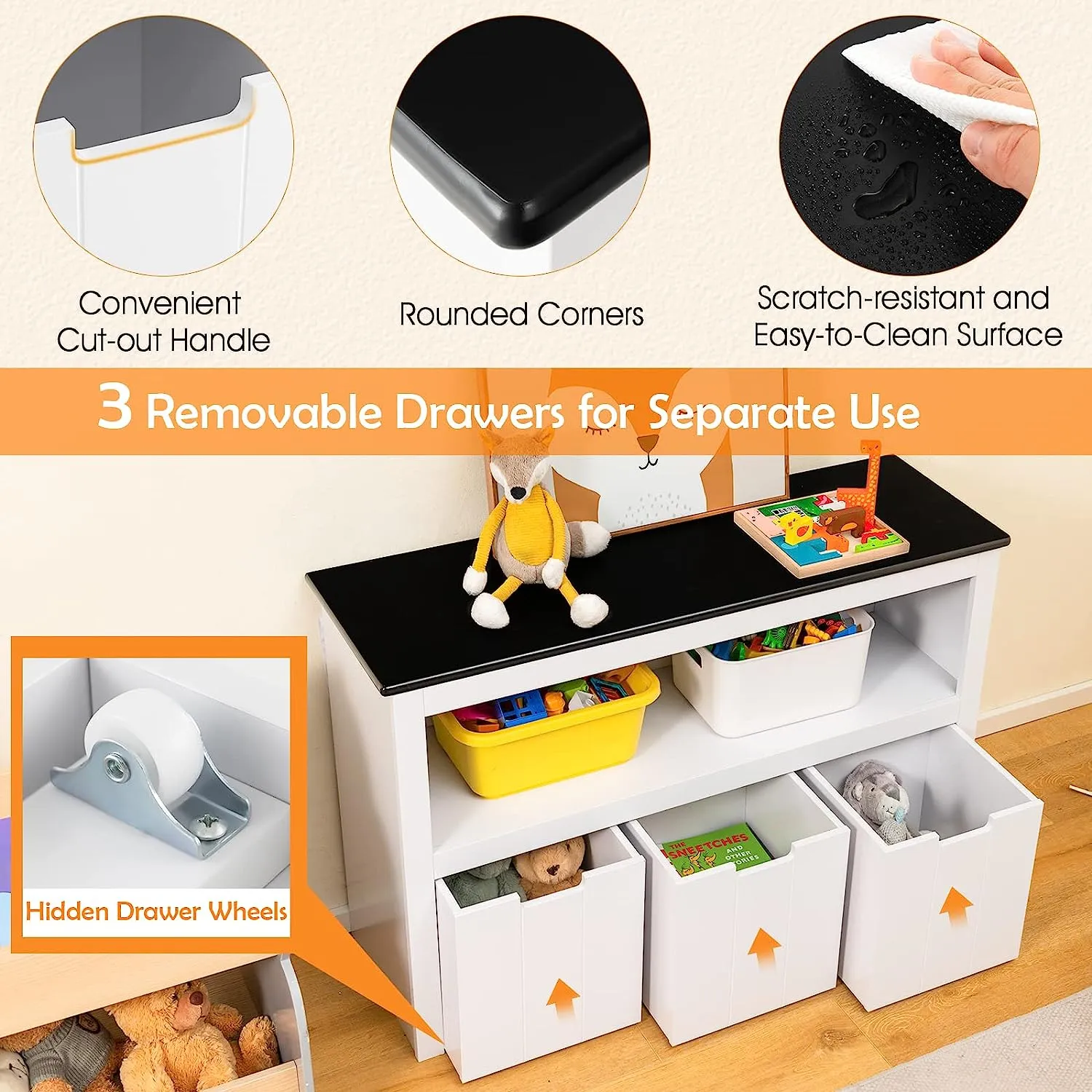 2-in-1 White Kids Toy Storage Unit | Storage Cabinet | 1 Shelf | 3 Drawers | 2 Colours