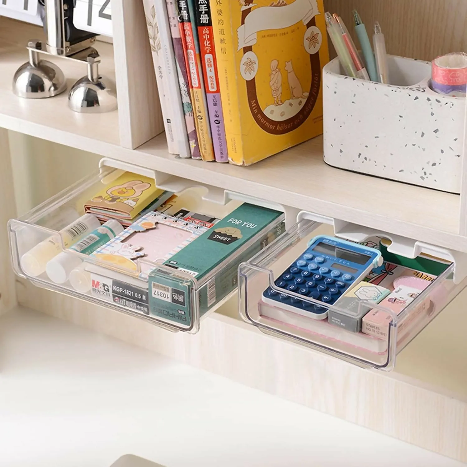 2 Pack Under Desk Storage Drawers Slide Out-Drill-On or Self-Adhesive, Large & Medium Desk Drawer