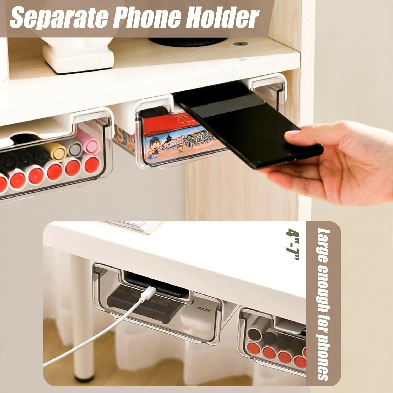 2 Pack Under Desk Storage Drawers Slide Out-Drill-On or Self-Adhesive, Large & Medium Desk Drawer
