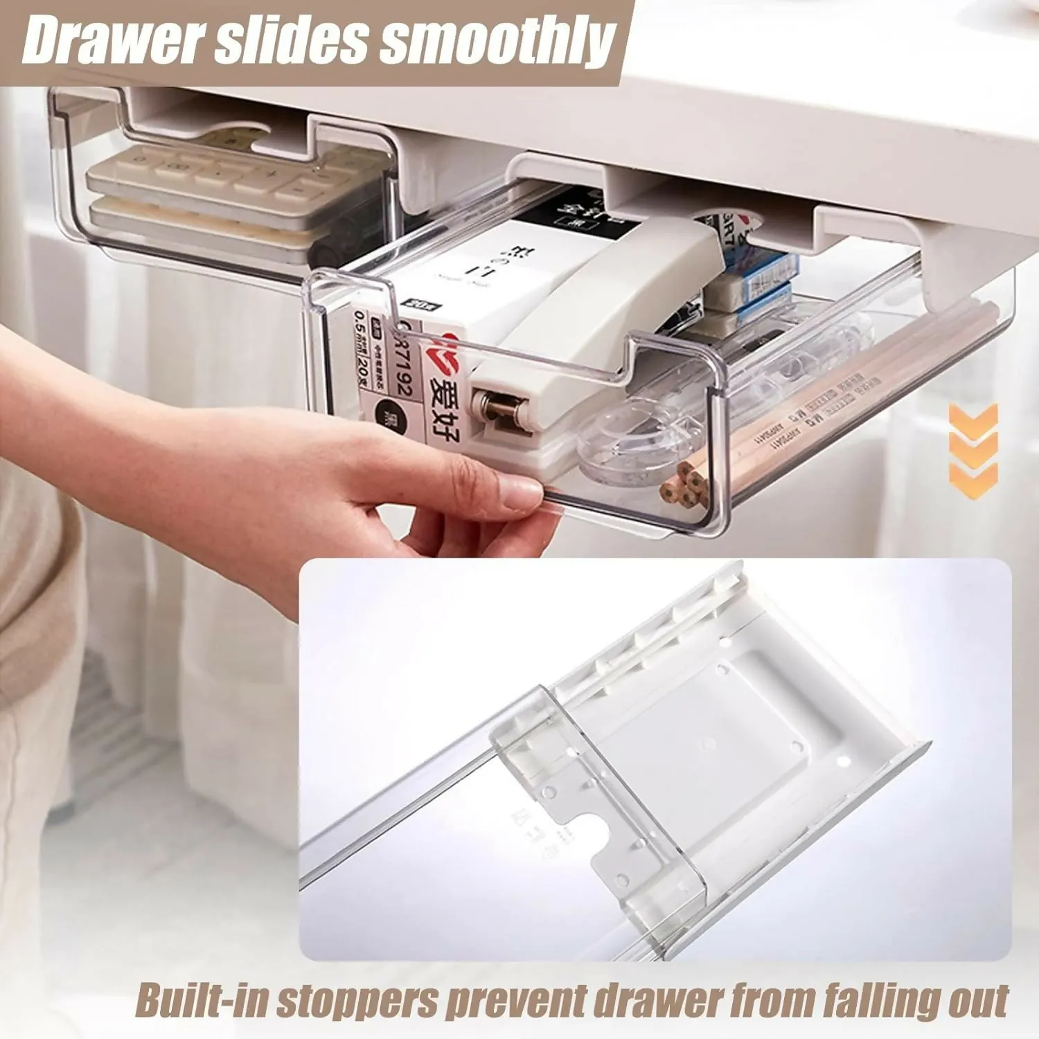 2 Pack Under Desk Storage Drawers Slide Out-Drill-On or Self-Adhesive, Large & Medium Desk Drawer