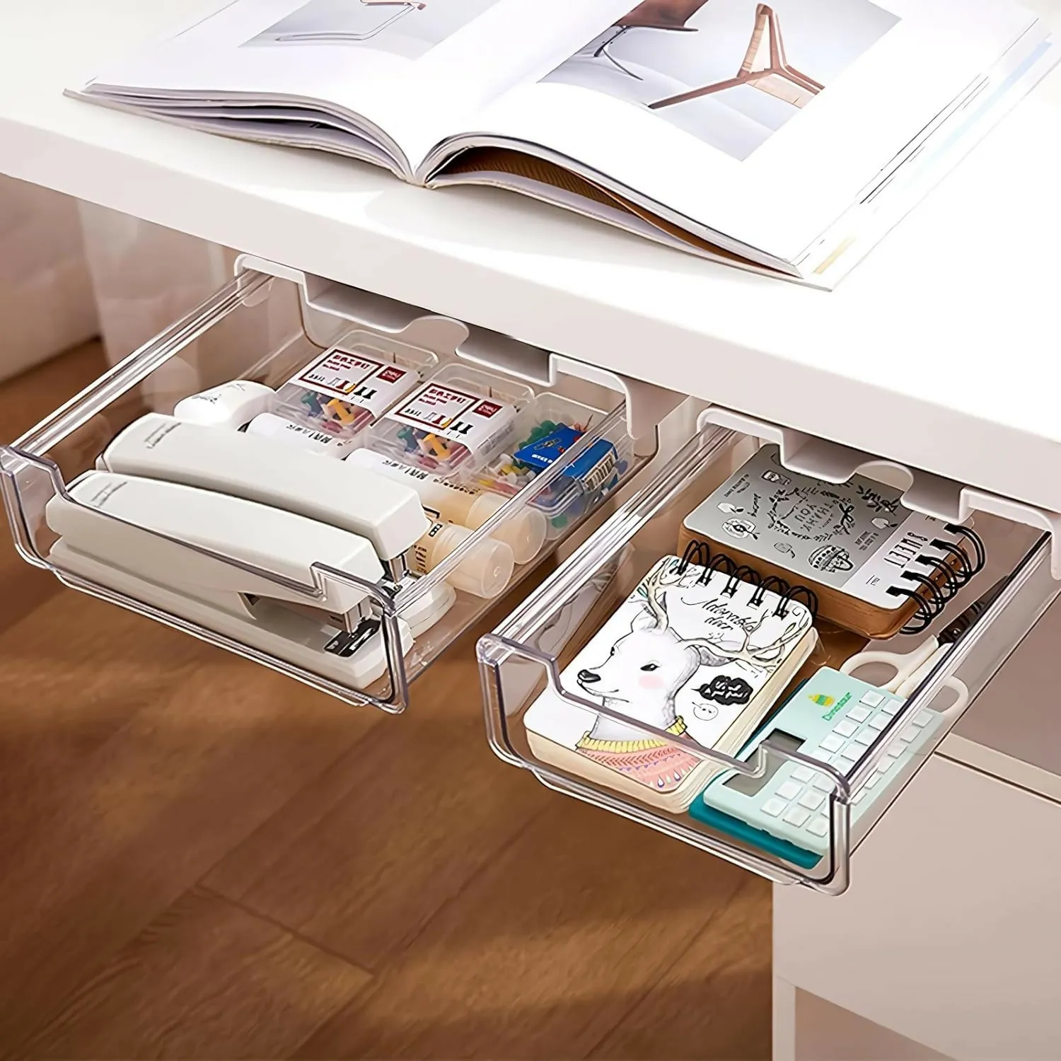 2 Pack Under Desk Storage Drawers Slide Out-Drill-On or Self-Adhesive, Large & Medium Desk Drawer