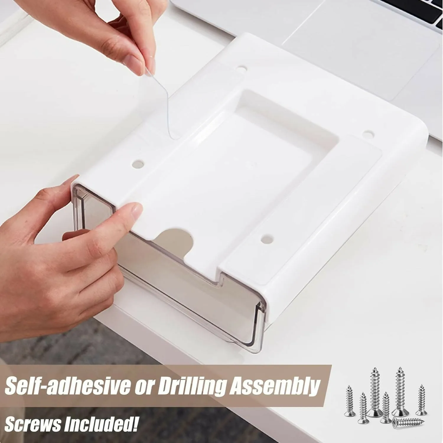2 Pack Under Desk Storage Drawers Slide Out-Drill-On or Self-Adhesive, Large & Medium Desk Drawer