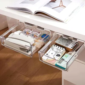 2 Pack Under Desk Storage Drawers Slide Out-Drill-On or Self-Adhesive, Large & Medium Desk Drawer