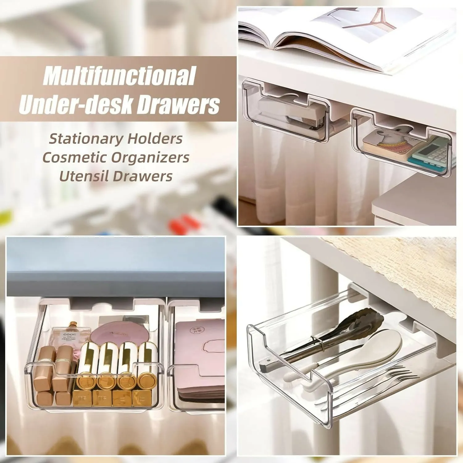 2 Pack Under Desk Storage Drawers Slide Out-Drill-On or Self-Adhesive, Large & Medium Desk Drawer