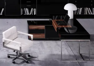 29.5" Black Gloss and Walnut Veneer and Stainless Steel Office Desk
