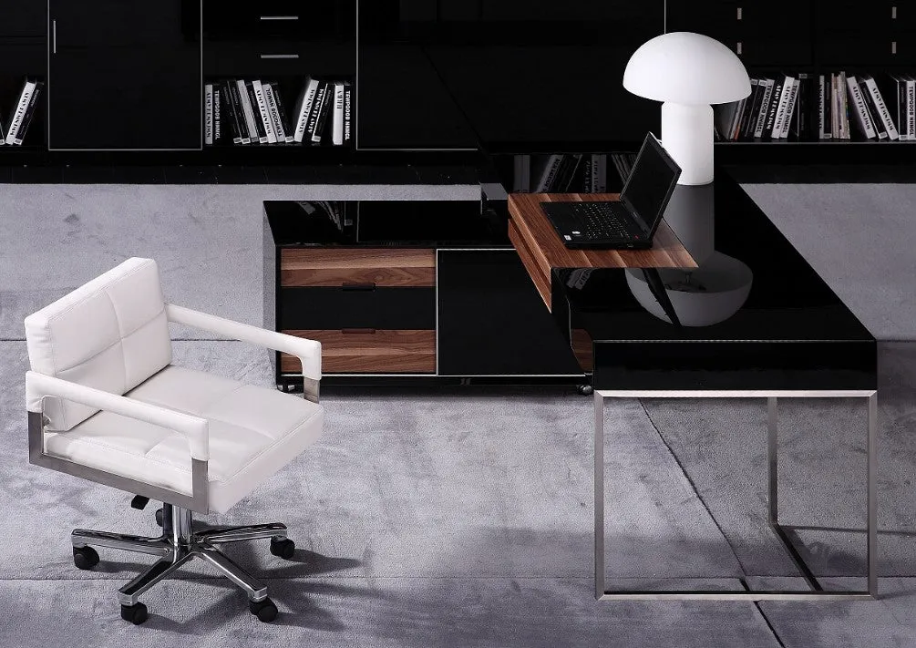 29.5" Black Gloss and Walnut Veneer and Stainless Steel Office Desk