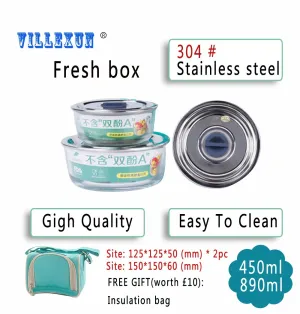 [3-Pack]Glass Meal Prep Containers with Stainless steel cover/ New Divider Seal Tech Best Quality Snap Locking Lids Airtight Glass BPA-Free (Round)