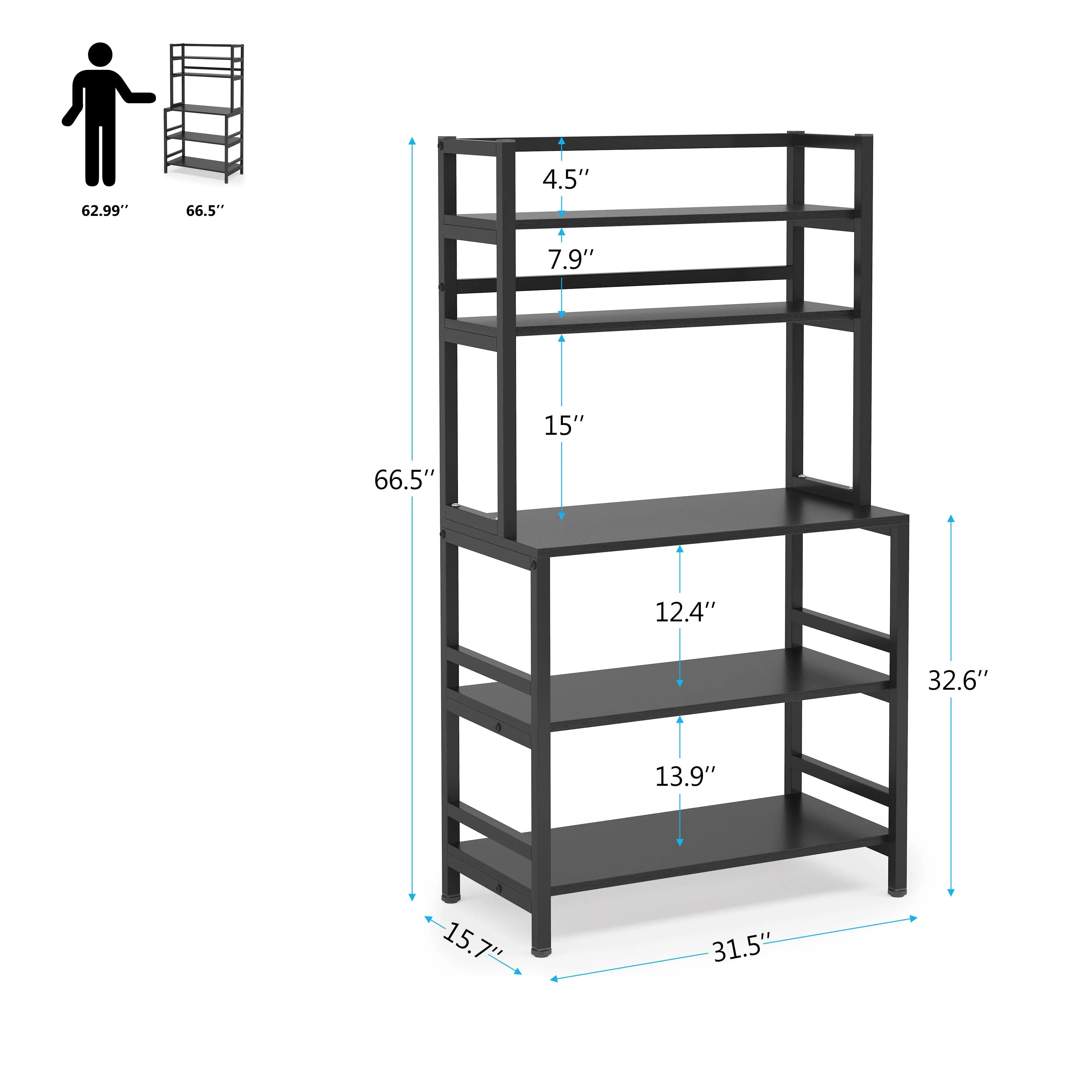5-Tier Kitchen Bakers Rack with Hutch,Utility Storage Shelf - 31.5 x 15.75 x 62.99 inches - Brown