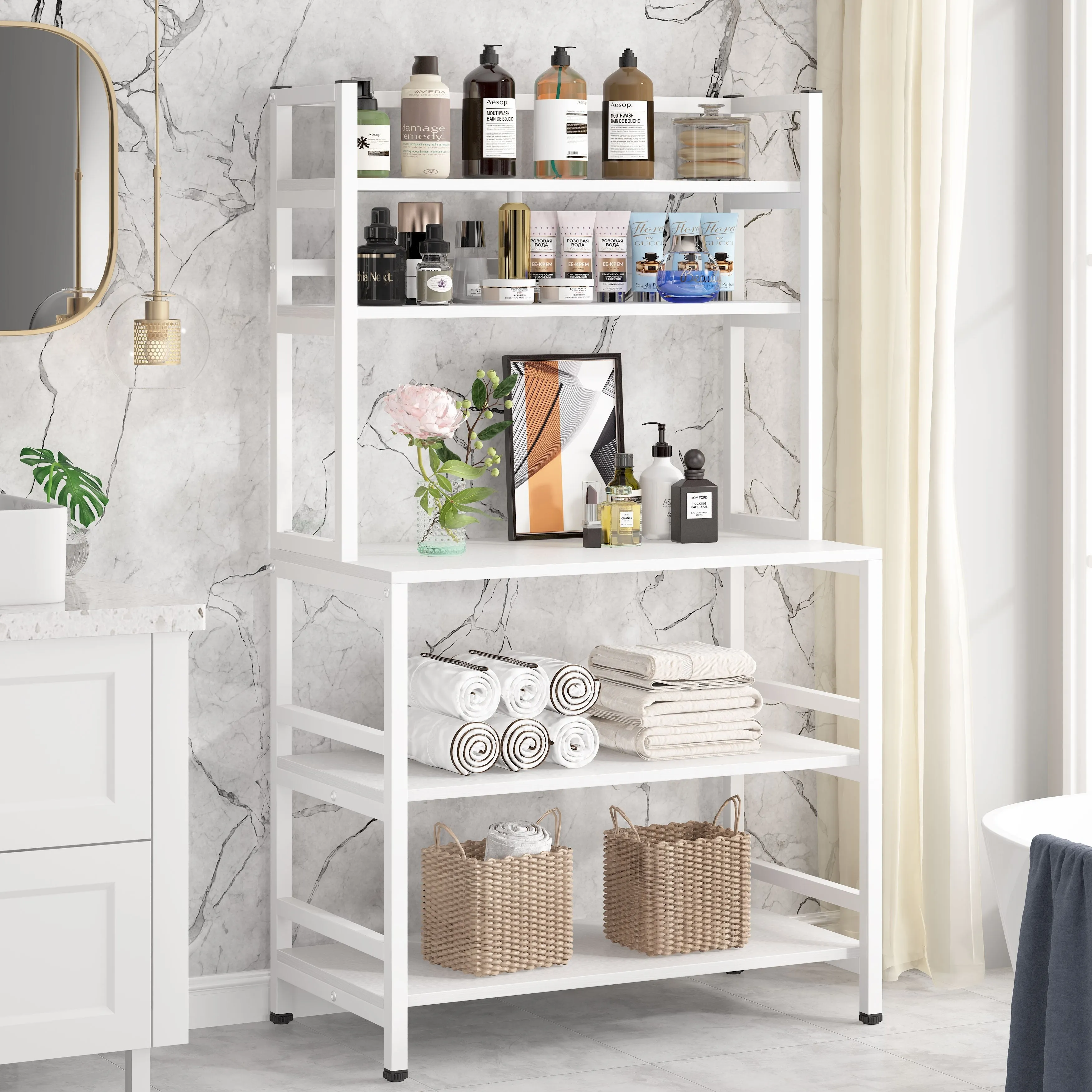 5-Tier Kitchen Bakers Rack with Hutch,Utility Storage Shelf - 31.5 x 15.75 x 62.99 inches - Brown