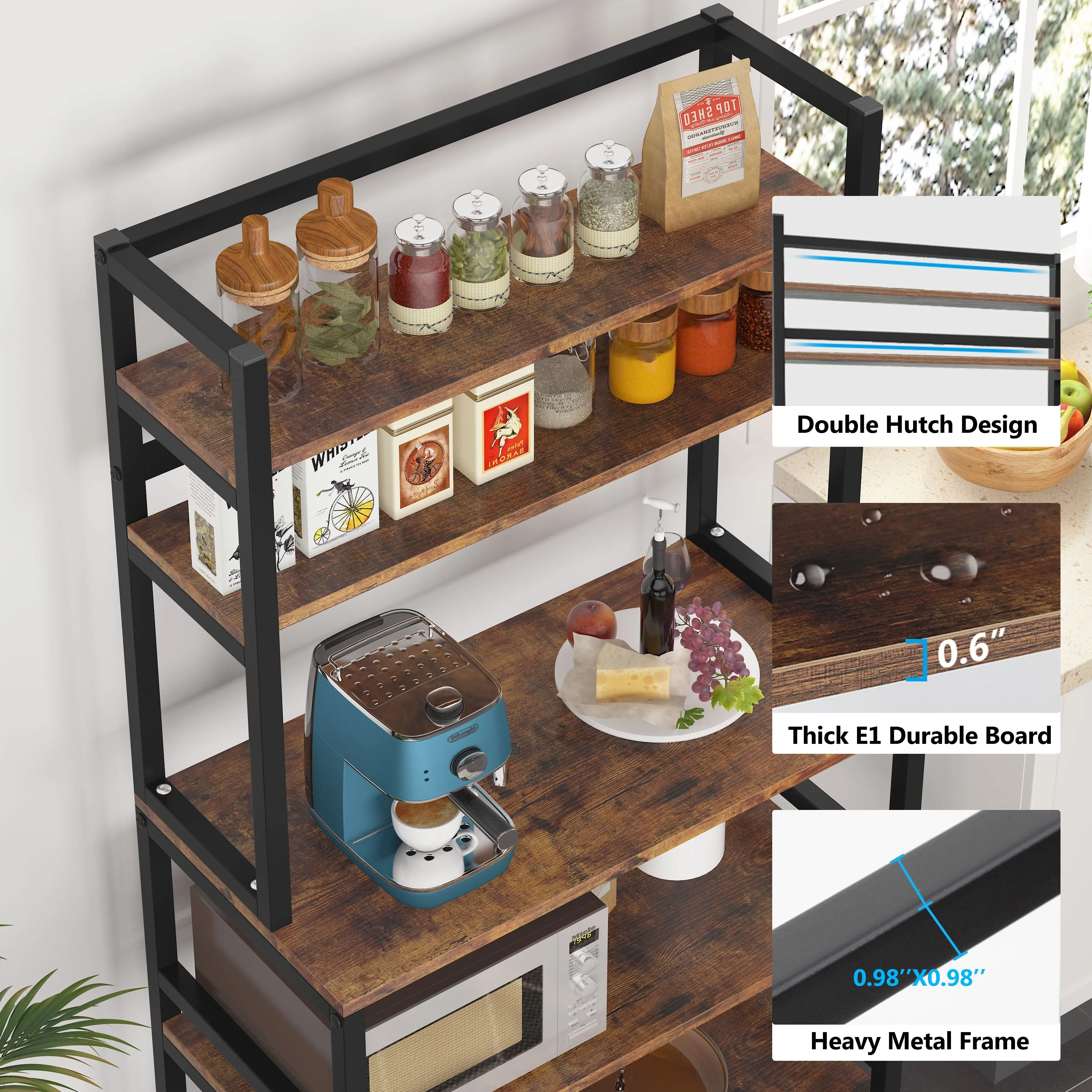 5-Tier Kitchen Bakers Rack with Hutch,Utility Storage Shelf - 31.5 x 15.75 x 62.99 inches - Brown
