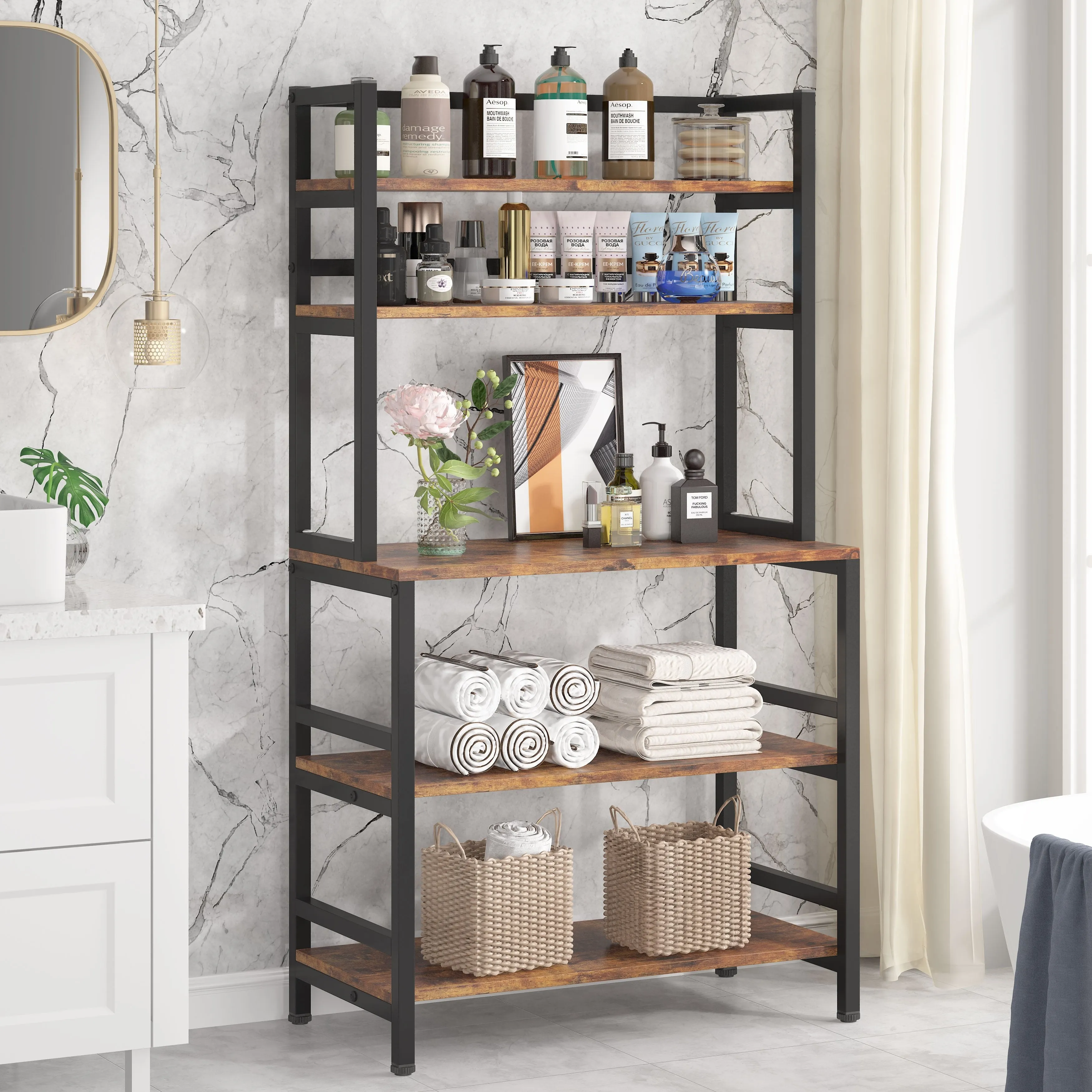 5-Tier Kitchen Bakers Rack with Hutch,Utility Storage Shelf - 31.5 x 15.75 x 62.99 inches - Brown