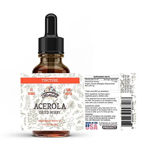 Acerola Tintura (Vitamina C), Extracto de Acerola Orgánica (Malpighia Glabra) Baya Seca para Sangría, Corazón, Arterias, No OGM en Glicerina Vegetal Orgánica prensada en frío, Suplementos de Hierbas Florida