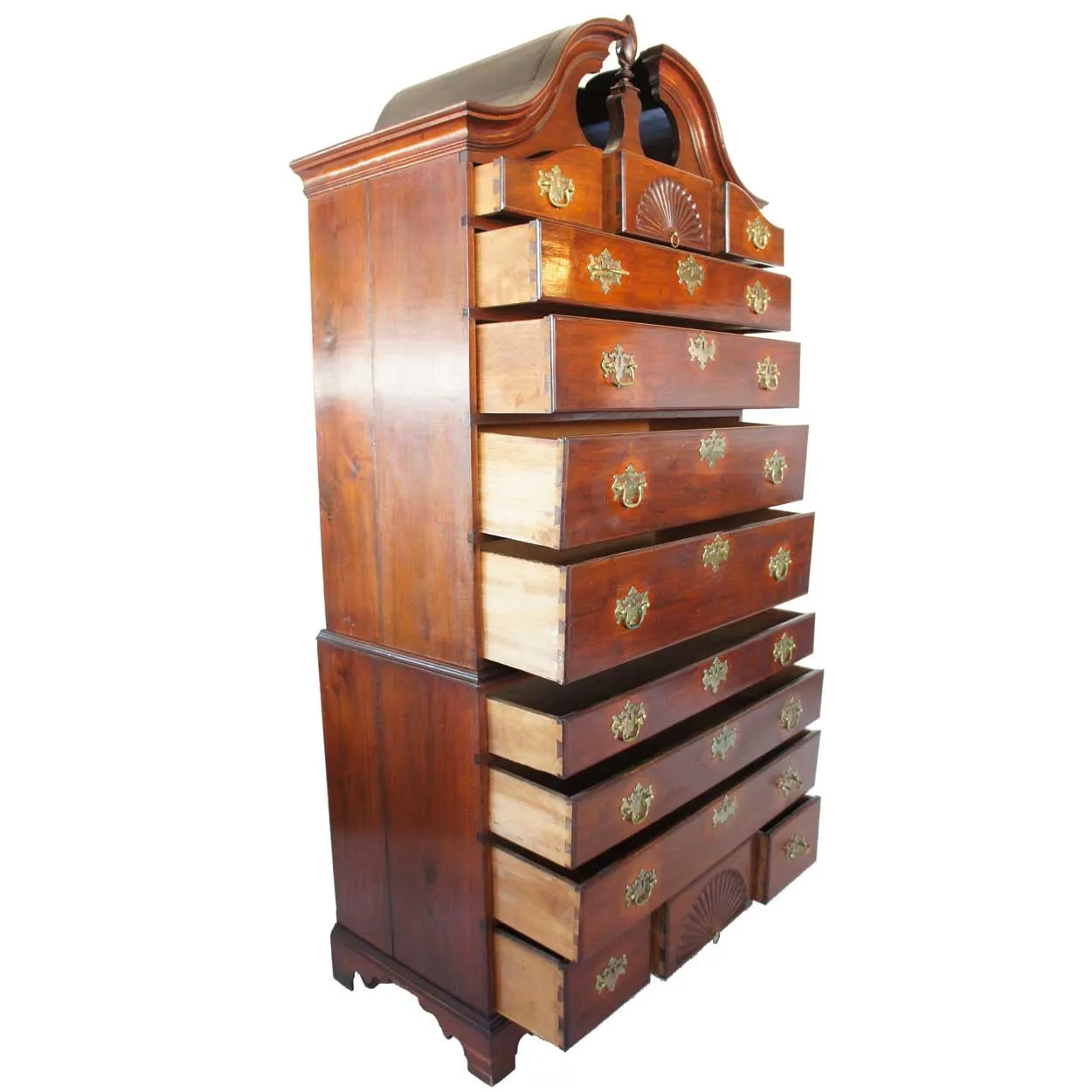 American New England Chippendale Walnut Bonnet Top Chest on Chest