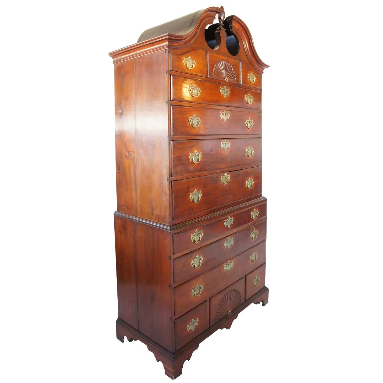 American New England Chippendale Walnut Bonnet Top Chest on Chest