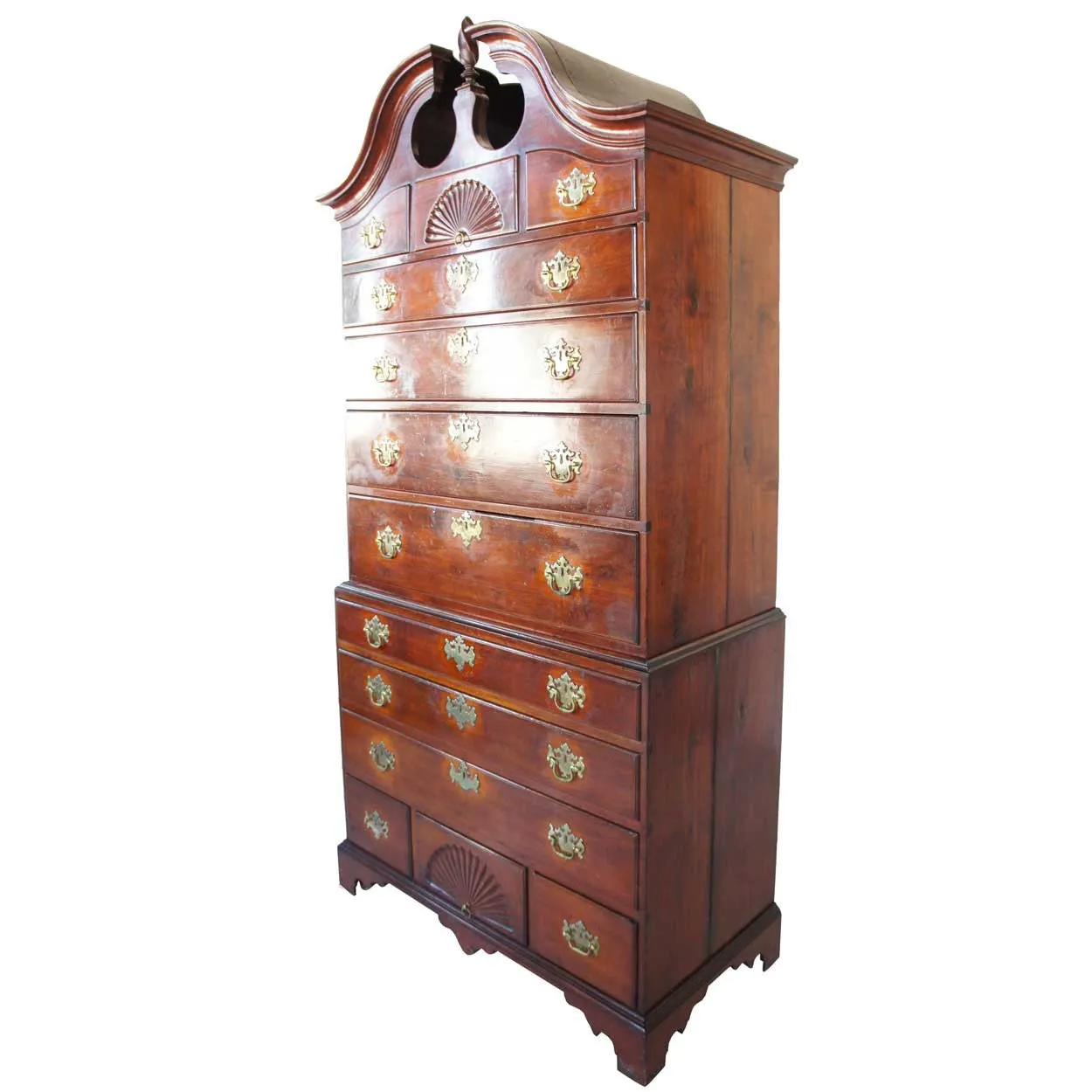 American New England Chippendale Walnut Bonnet Top Chest on Chest