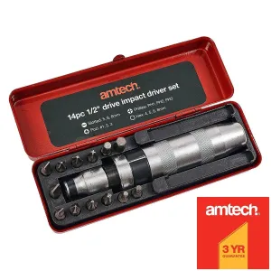 AMTECH 14PC 1/2" DRIVE IMPACT SCREW DRIVER SET POZI SLOTTED PHILLIPS BITS   CASE