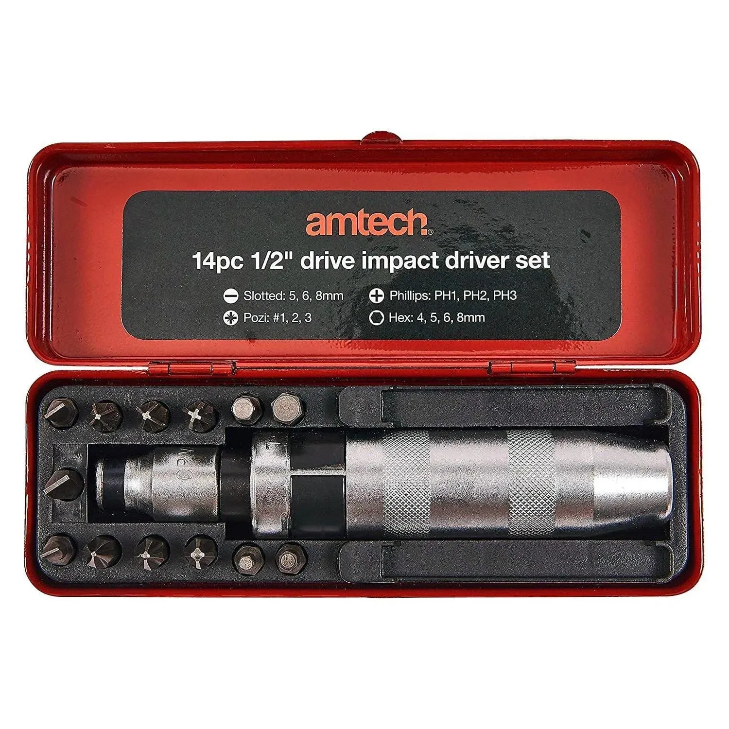 AMTECH 14PC 1/2" DRIVE IMPACT SCREW DRIVER SET POZI SLOTTED PHILLIPS BITS   CASE