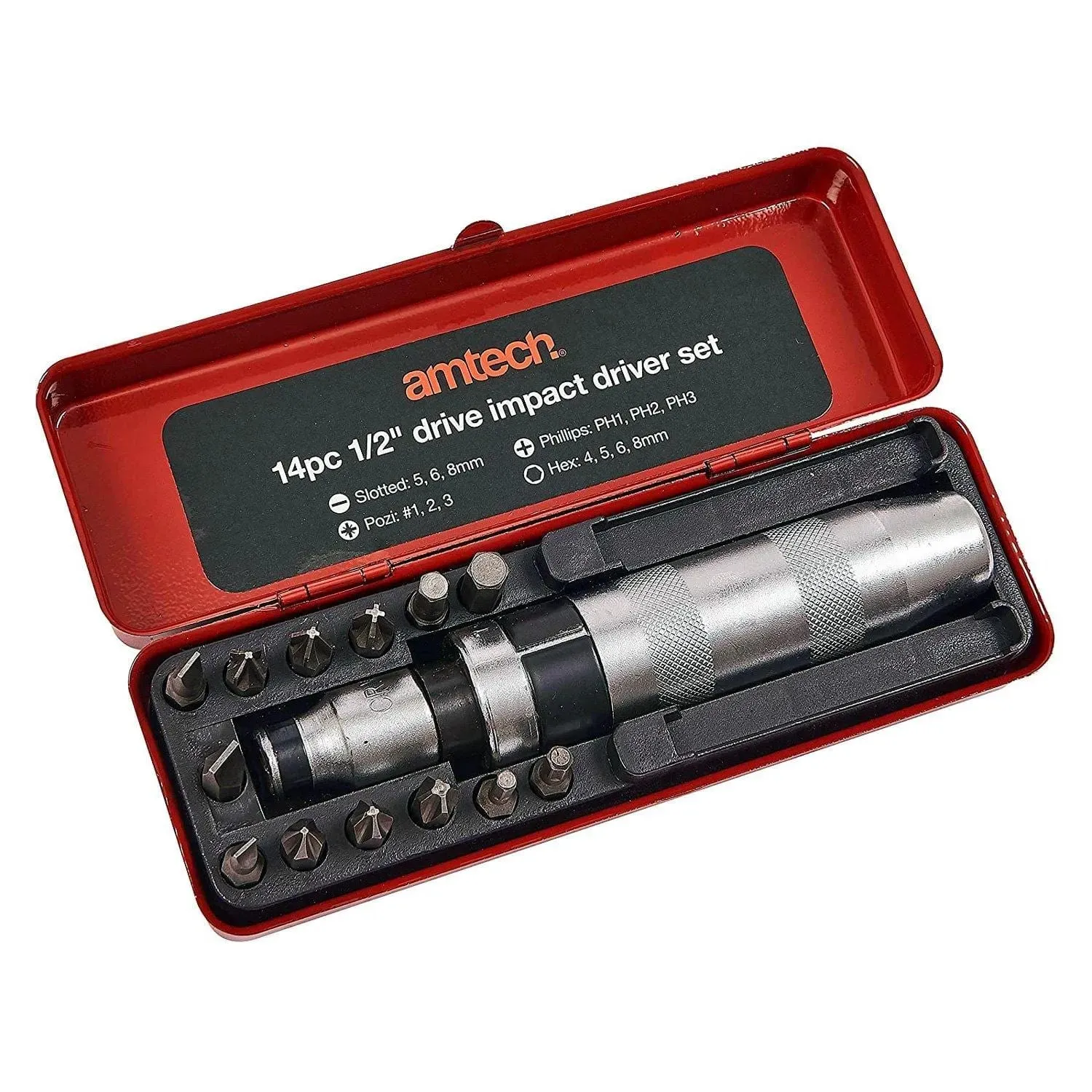 AMTECH 14PC 1/2" DRIVE IMPACT SCREW DRIVER SET POZI SLOTTED PHILLIPS BITS   CASE