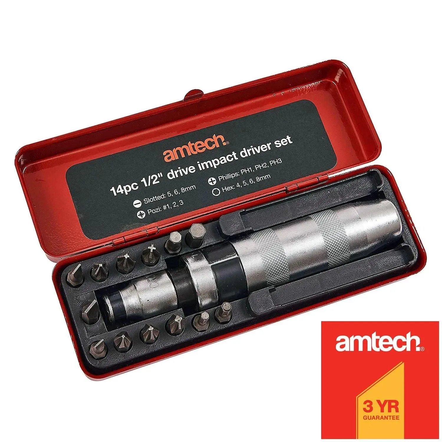 AMTECH 14PC 1/2" DRIVE IMPACT SCREW DRIVER SET POZI SLOTTED PHILLIPS BITS   CASE