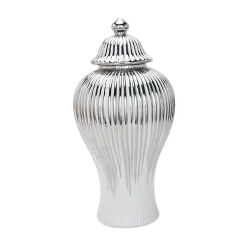 ATORSE® Porcelain Ginger Jar Chinese Ceramic Vase for Desktop Bookshelf Dining Table White and Silver