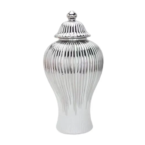 ATORSE® Porcelain Ginger Jar Chinese Ceramic Vase for Desktop Bookshelf Dining Table White and Silver