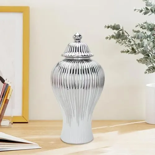 ATORSE® Porcelain Ginger Jar Chinese Ceramic Vase for Desktop Bookshelf Dining Table White and Silver
