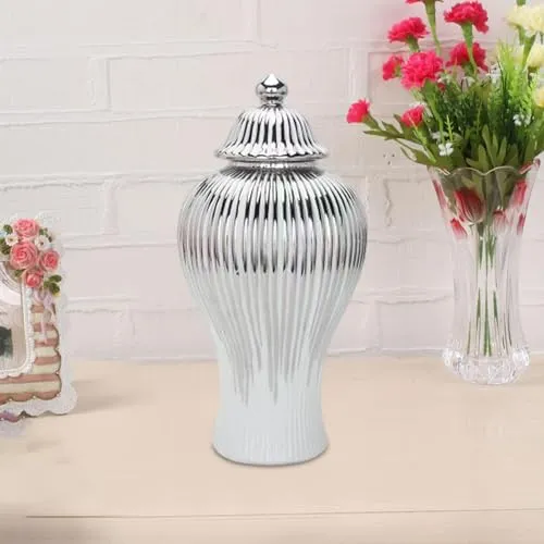 ATORSE® Porcelain Ginger Jar Chinese Ceramic Vase for Desktop Bookshelf Dining Table White and Silver