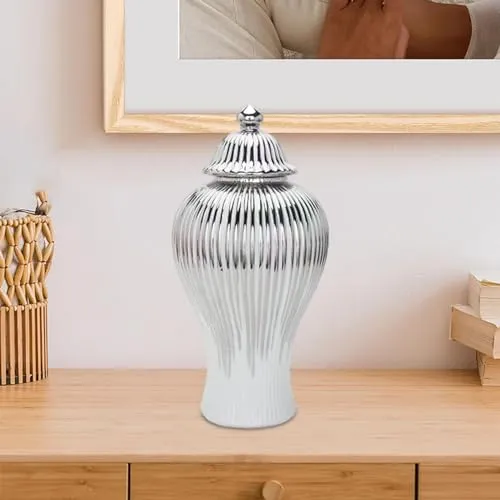 ATORSE® Porcelain Ginger Jar Chinese Ceramic Vase for Desktop Bookshelf Dining Table White and Silver