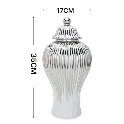 ATORSE® Porcelain Ginger Jar Chinese Ceramic Vase for Desktop Bookshelf Dining Table White and Silver