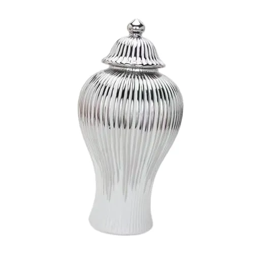 ATORSE® Porcelain Ginger Jar Chinese Ceramic Vase for Desktop Bookshelf Dining Table White and Silver