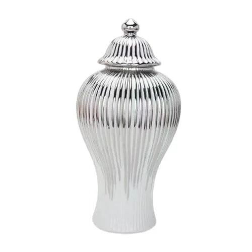 ATORSE® Porcelain Ginger Jar Chinese Ceramic Vase for Desktop Bookshelf Dining Table White and Silver