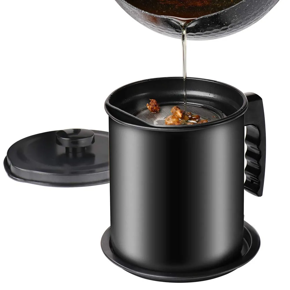 Bacon Grease Container with Fine Mesh Strainer, 1.3 L/5.2 cups Iron Cooking Oil Can with Removable a Coaster Tray for Kitchen Fat Storage by Valuetools（E-book recipe）