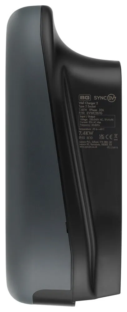 BG SyncEV EVWC2S22GR EV Wall Charger 22kW Three Phase Type 2 Socketed Wi-Fi/LAN/RFID - Black