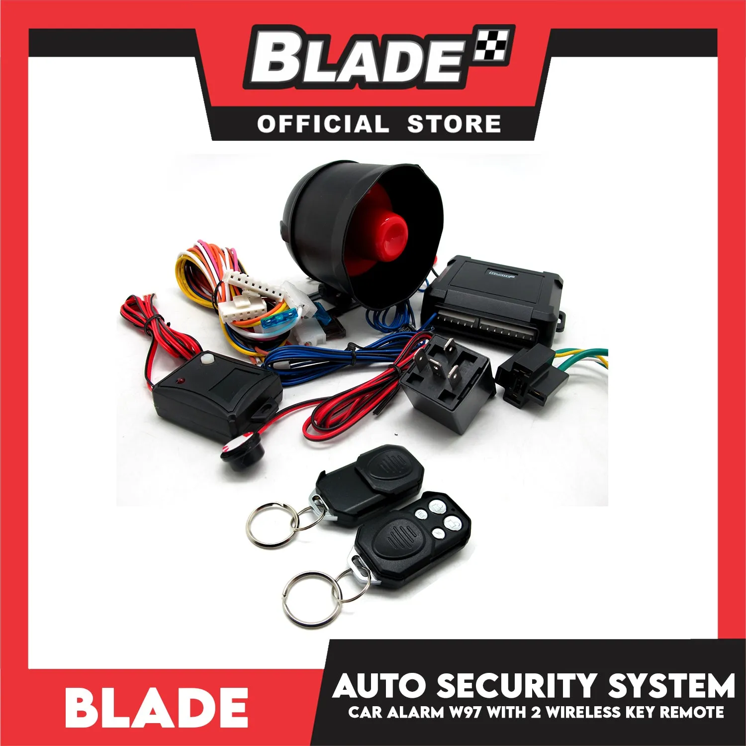 Blade Car Alarm W97 Auto Security Keyless Entry System with 2 Remote Controls & Siren Sensor- 12V Universal Remote Auto Door Lock/Unlock
