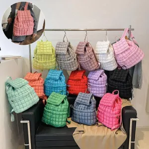 Candy Color Quilted Women Backpack Puffy Down Padded School Bag Large Cotton Travel Back Pack Bags For Women Plaids Shoulder Bag