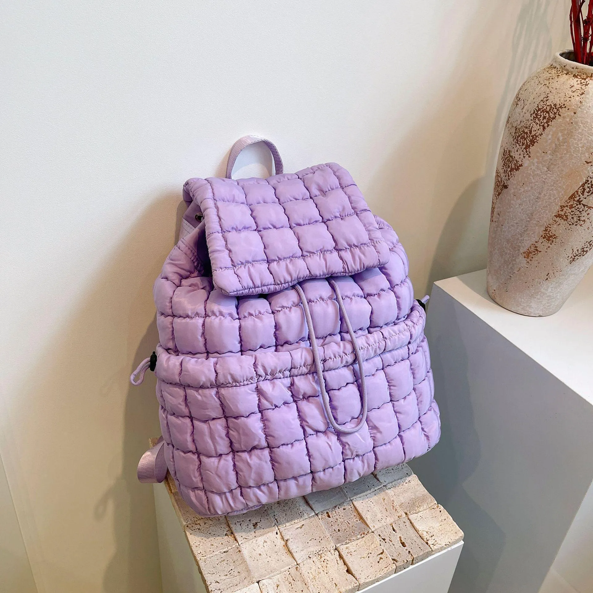 Candy Color Quilted Women Backpack Puffy Down Padded School Bag Large Cotton Travel Back Pack Bags For Women Plaids Shoulder Bag