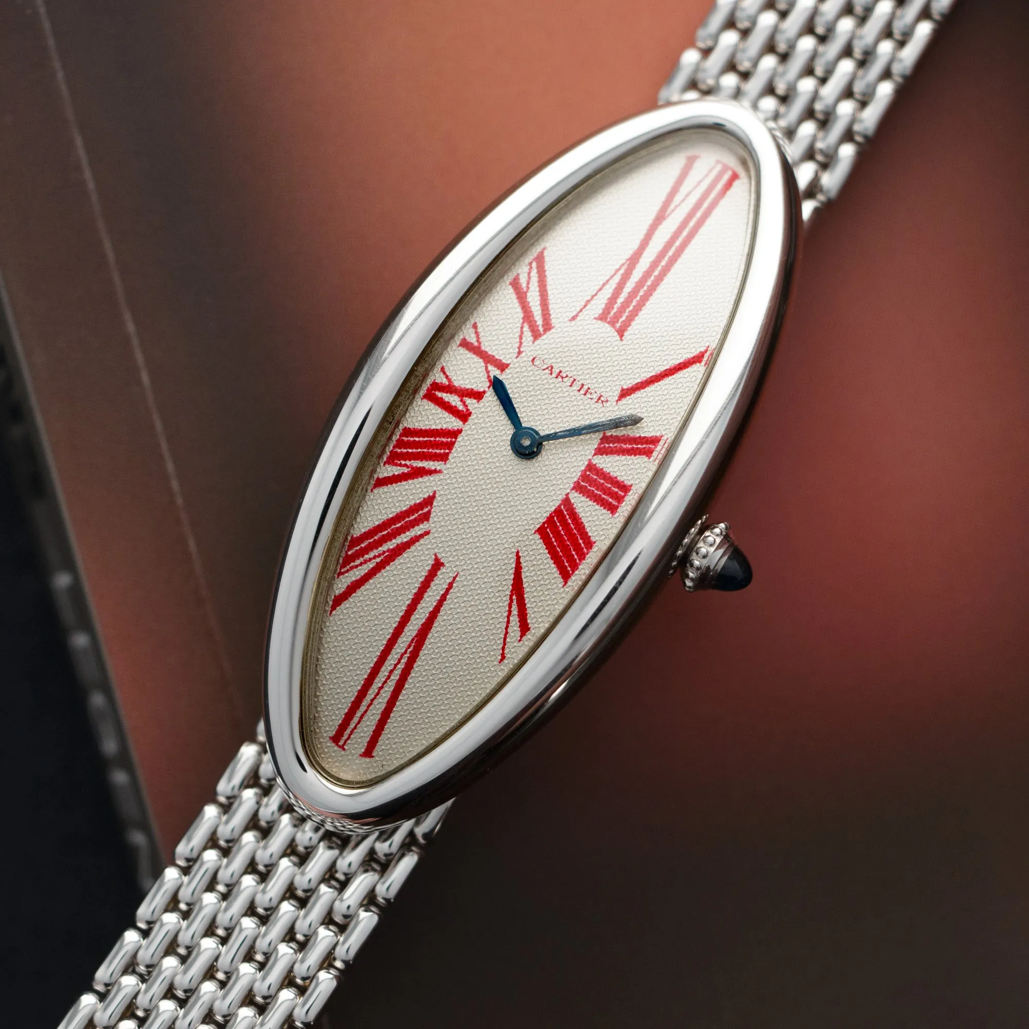 Cartier White Gold Baignoire Red Numbers Watch