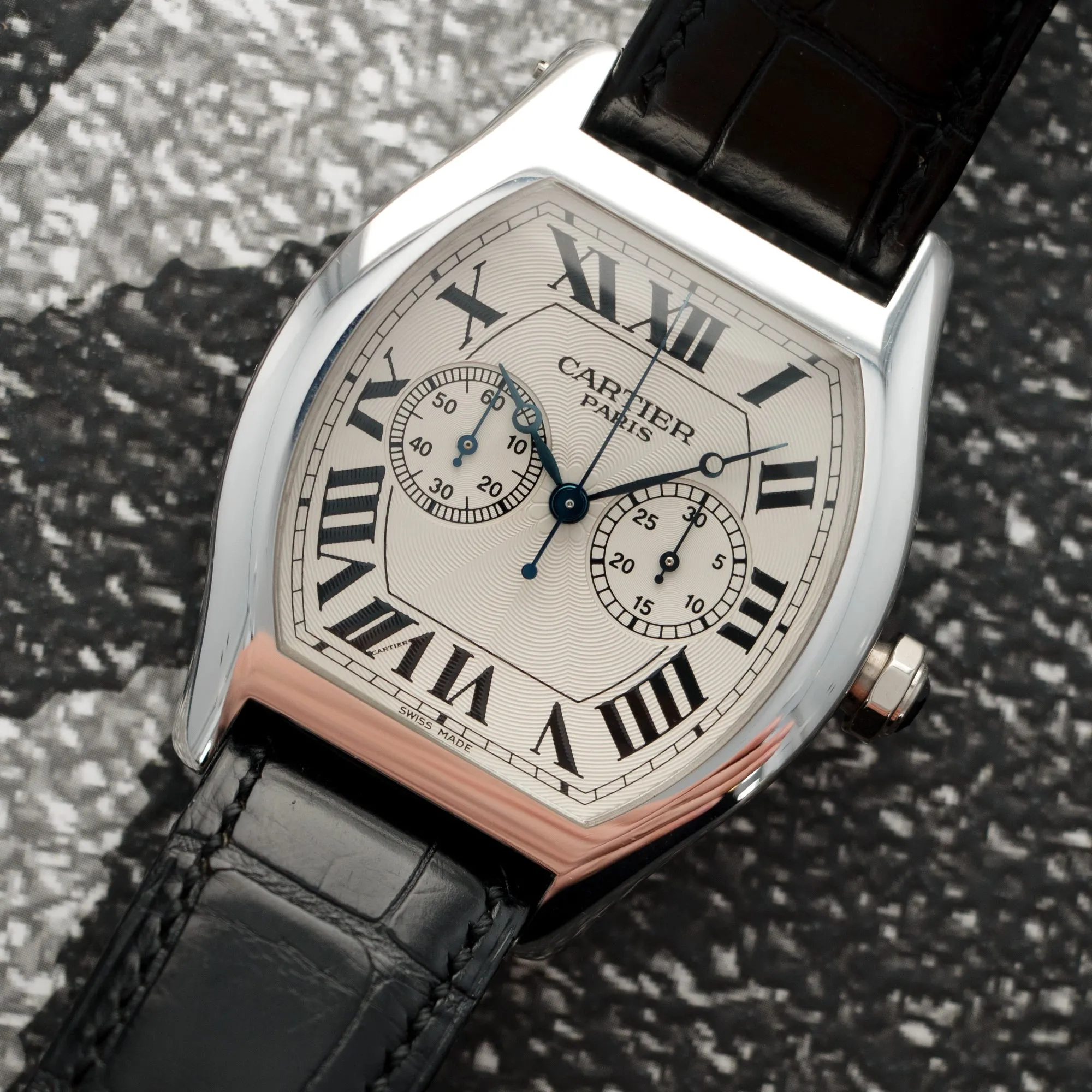 Cartier White Gold Tortue Monopoussoir Chronograph Watch Ref. 2762