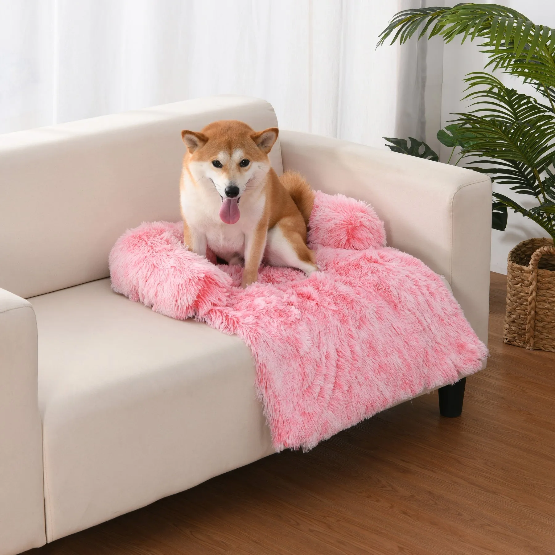 Charlie's Shaggy Faux Fur Bolster Sofa Protector Calming Dog Bed Ombre Pink Large